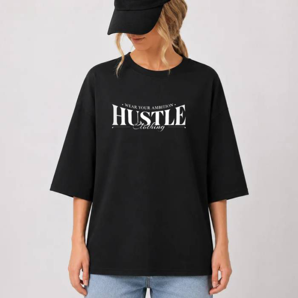 تیشرت با طرح دلخواه عمده | چاپ اختصاصی روی تیشرت 5 تیشرت باکسی زنانه طرح hustle عمده